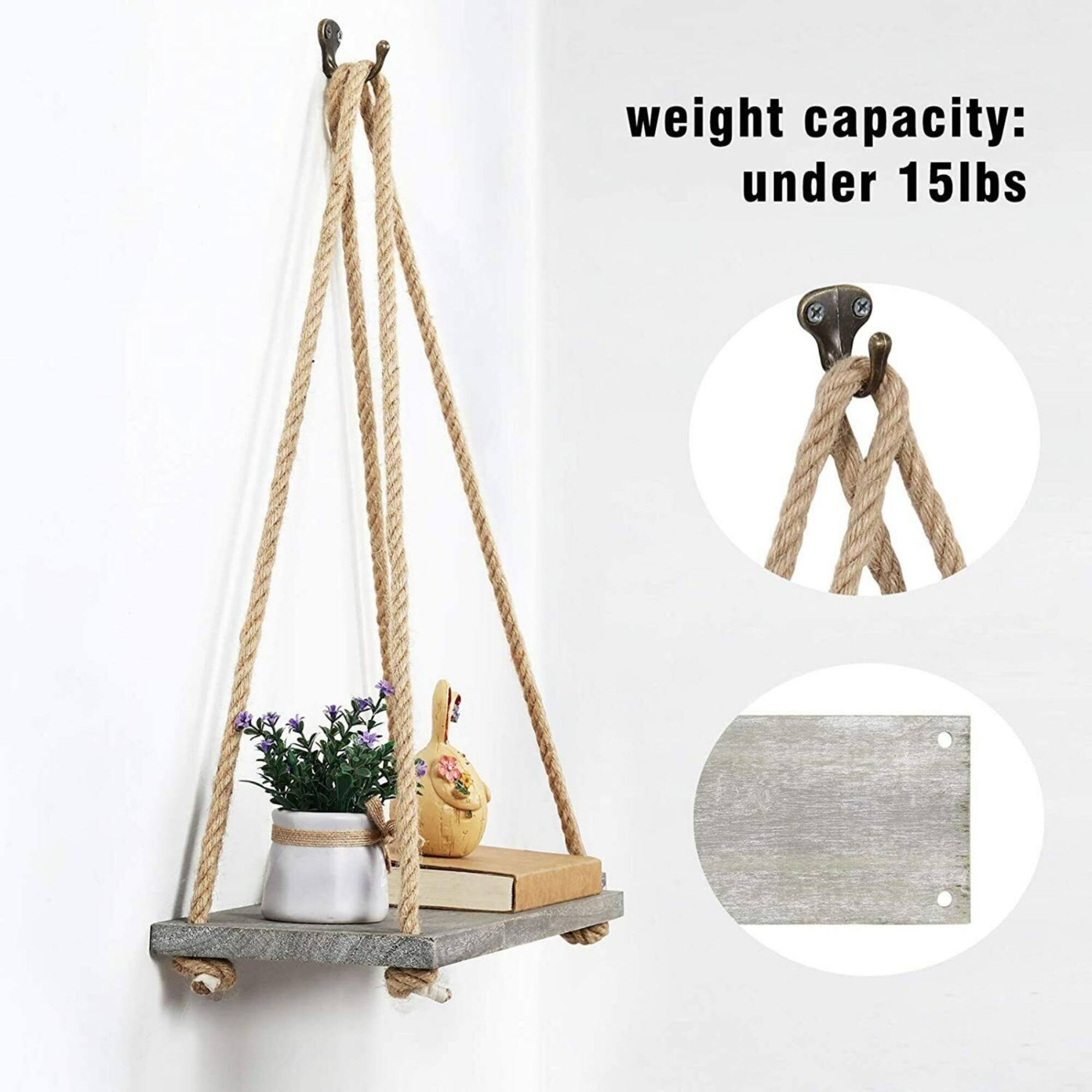 NEX™ 16" Gray Green Hanging Rope Wood Wall Shelves, 4ct.